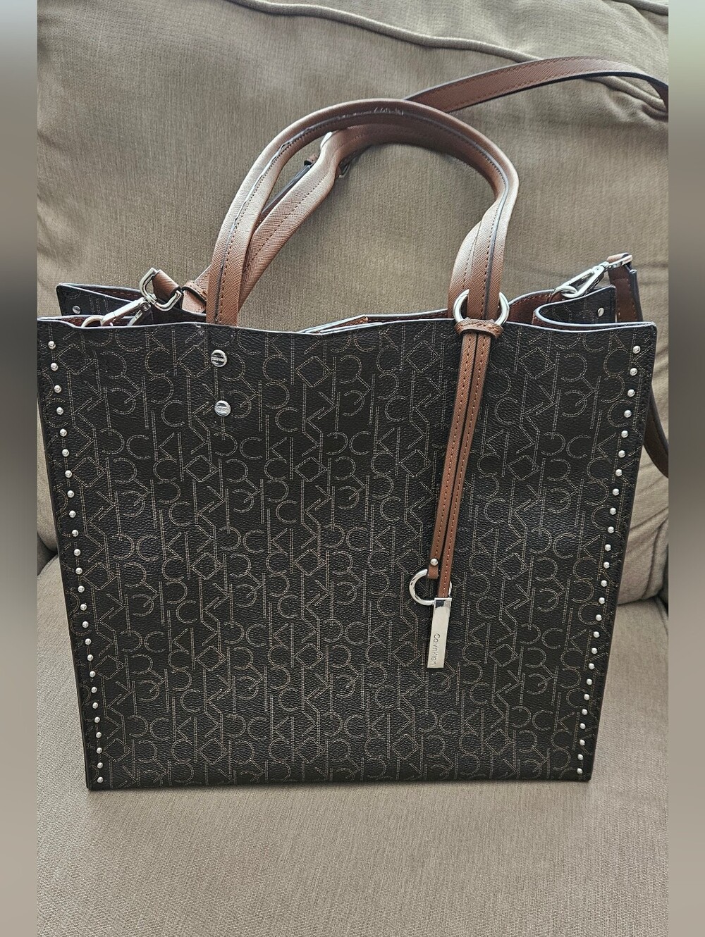Calvin Klein Brown Monogram Large Tote Bag Crossbody Authentic